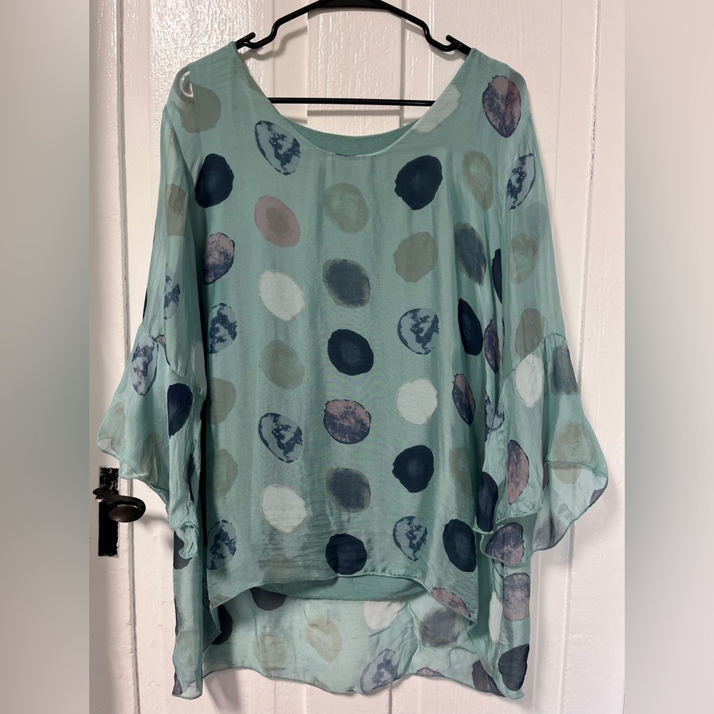 Tina Stephens Martine Circle Flutter Cuff Silk Blouse Tiffany Blue